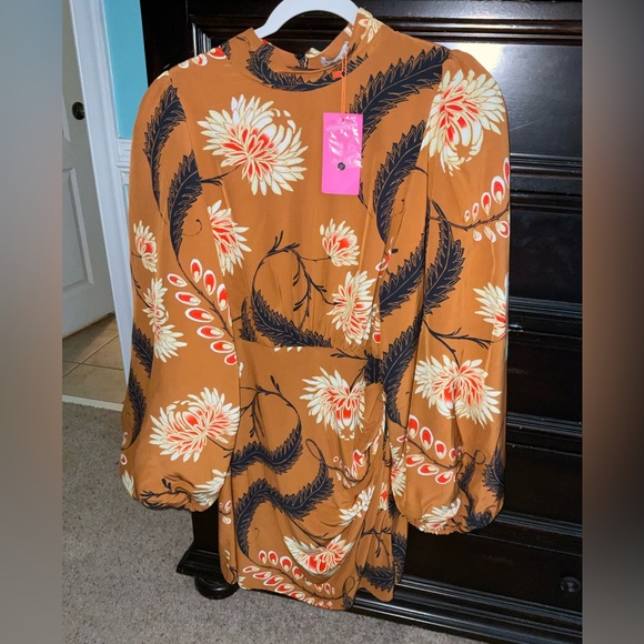 RHODE Cinnamon Brown Floral Mini Dress with Cream & Black Accents - Picture 3 of 10